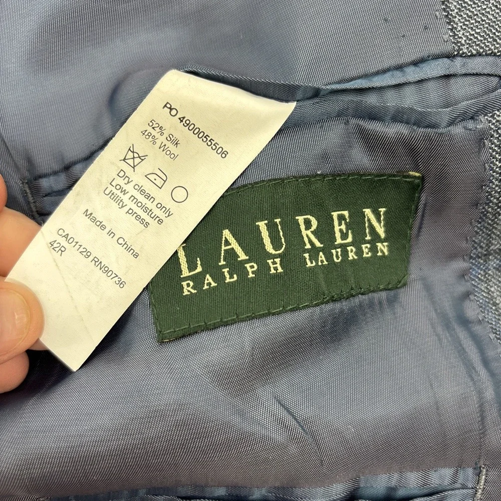 Ralph Lauren Mens Wool Silk Blazer Gray Blue Windowpane‎ Plaid Suit Jacket 42R
